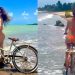 Paula Fernandes faz charme durante passeio de bicicleta na praia
